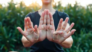 Practitioner showcasing yoga mudras to emphasize their benefits for balance and energy flow.