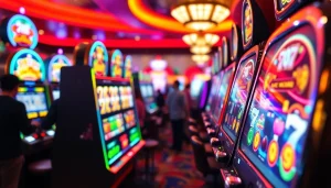 Menangkan slot yang menarik di kasino, dikelilingi suasana ceria dan lampu berwarna.