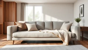 Cozy sofa bed in a chic living room setting, showcasing comfort and style.