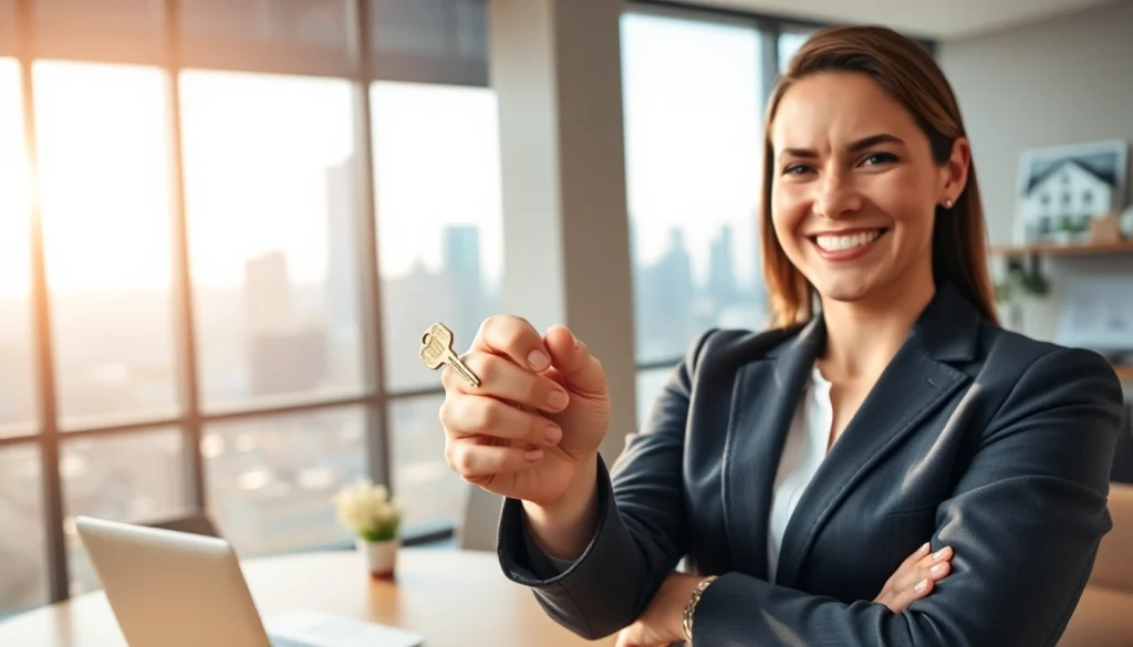 Real Estate agent presenting a key in a modern office setting, showcasing success in real estate.