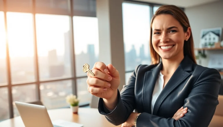 Real Estate agent presenting a key in a modern office setting, showcasing success in real estate.