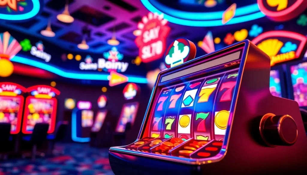 Slot gacor menarik dengan mesin permainan dan koin berkilauan, menciptakan suasana bergembira.