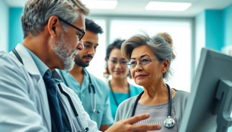 Doctor discussing Health with elderly patient in a modern clinic setting.