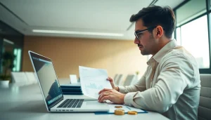 Accountant engaged in crypto accounting analysis with digital assets and reports in view.