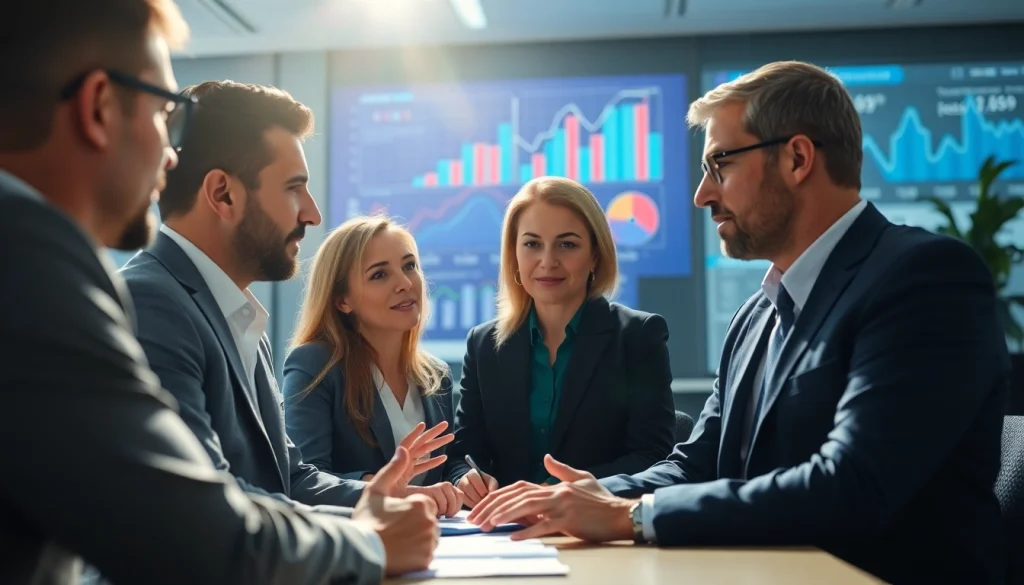 B2B mystery shopping interaction among professionals analyzing market strategies in a modern office.