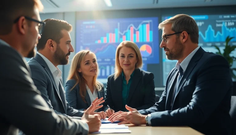 B2B mystery shopping interaction among professionals analyzing market strategies in a modern office.