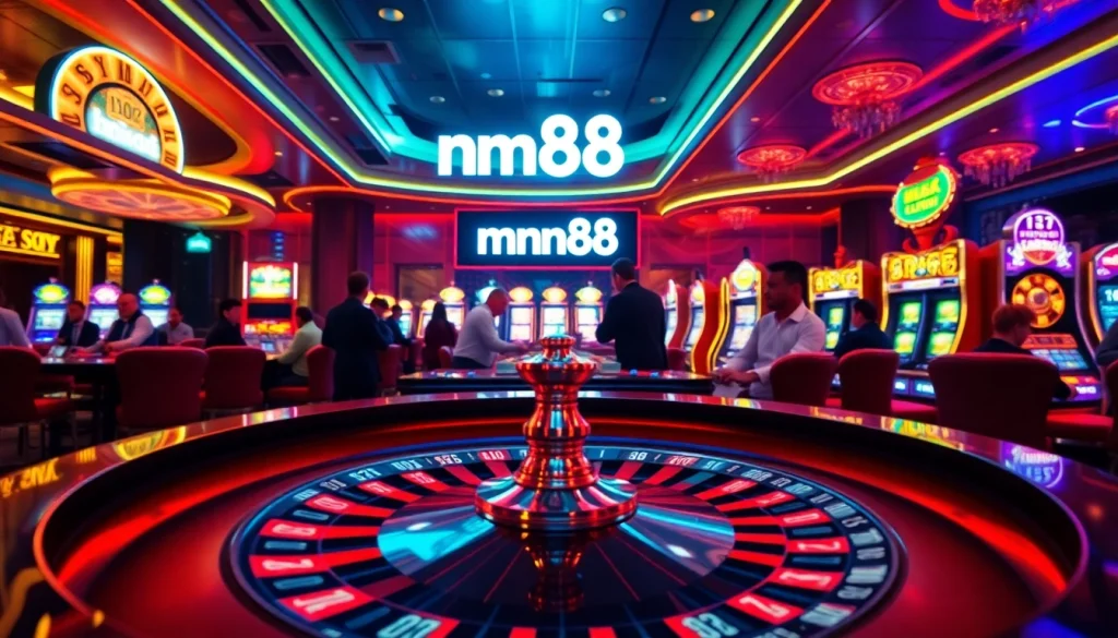 Experience the excitement of mm88 casino gaming with players at the roulette table, vibrant chips, and neon lights.