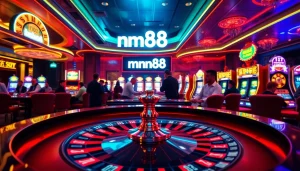 Experience the excitement of mm88 casino gaming with players at the roulette table, vibrant chips, and neon lights.