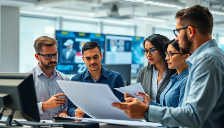 Engaged team of a Security Company discussing strategies in a bright office environment.