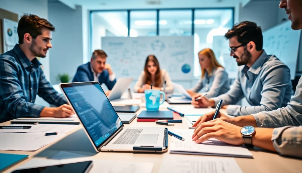 Join the professionals at https://www.elitetranslingo.com collaborating on translation strategies in a vibrant office space.