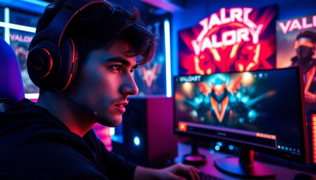 Engage in thrilling battles with valorant download, featuring a dedicated gamer in a vibrant, high-tech setup.