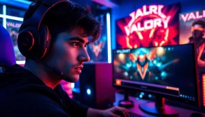 Engage in thrilling battles with valorant download, featuring a dedicated gamer in a vibrant, high-tech setup.