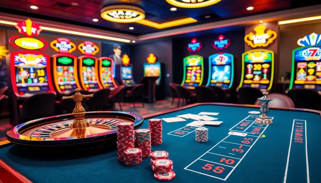 Engaging casino atmosphere showcasing MM88 COM with poker chips and a roulette wheel.
