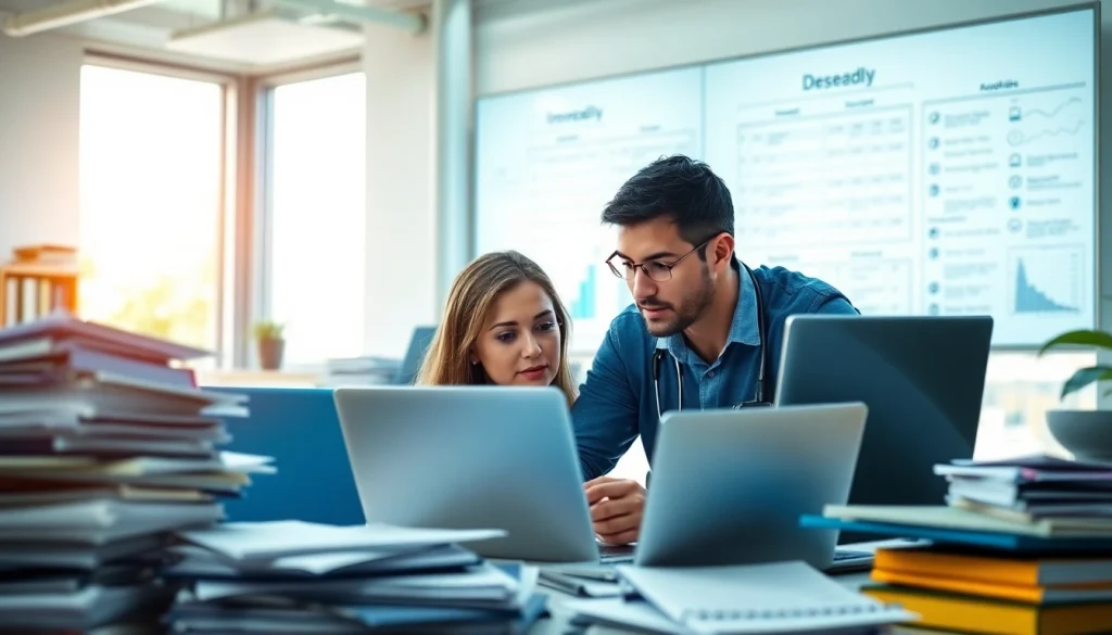 Engaged nursing research writers collaborating to enhance academic outcomes in a modern office.