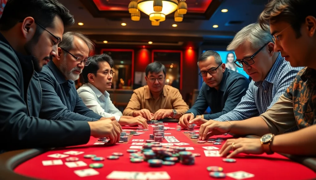 Menampilkan permainan Domino88 poker game yang mendebarkan dengan pemain fokus dan aksi seru di meja.