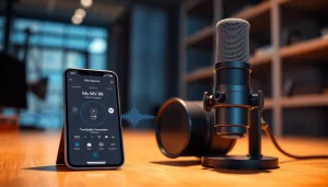 MV 88 app display on a smartphone with a condenser microphone, symbolizing advanced audio technology.