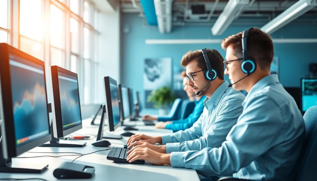 Technicians providing IT Support for Businesses in a modern office setting, promoting collaboration and expertise.