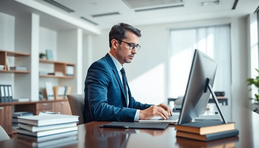 Enhance your law firm with professional design at https://www.websites.law showcasing a lawyer at work.