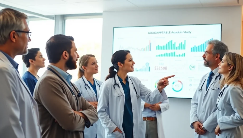 Doctors engaging with a presentation on the ADAPTABLE Aspirin Study in a bright medical office.