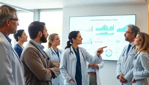 Doctors engaging with a presentation on the ADAPTABLE Aspirin Study in a bright medical office.