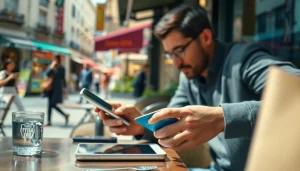 카드깡 거래를 하는 장면에서 현대적인 도시 환경을 배경으로 한 클로즈업