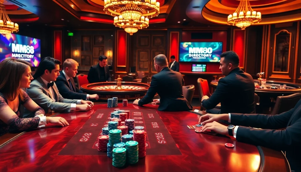 Experience the excitement of mm88.directory as players engage in a thrilling poker game inside a luxurious casino.