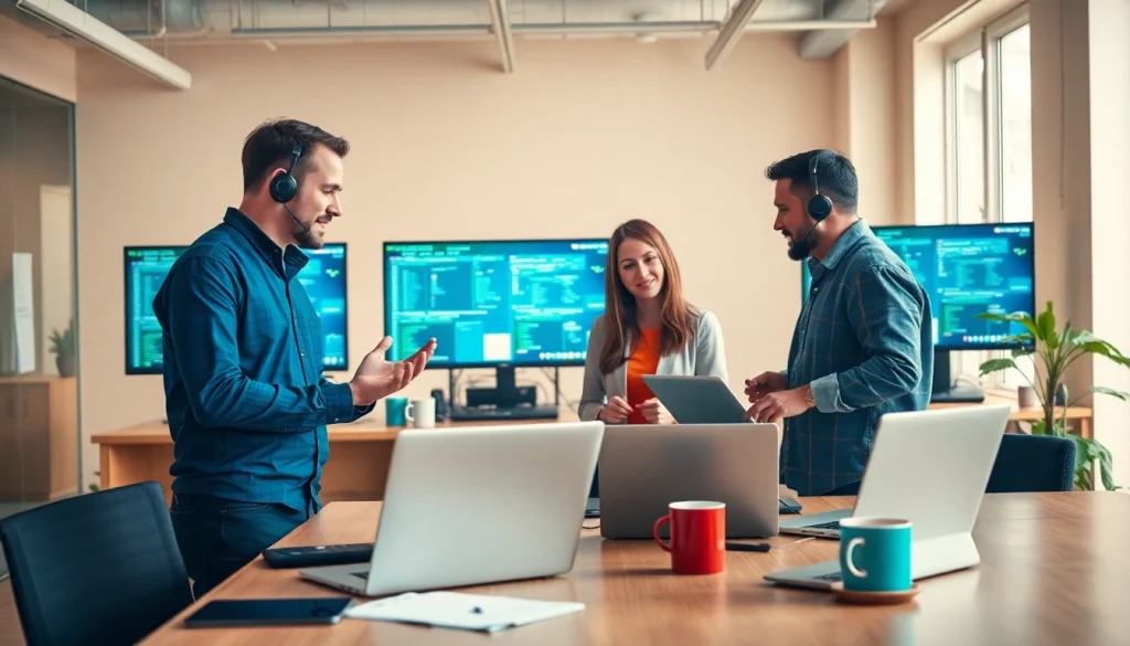 Delivering IT Support for Businesses through collaborative teamwork in a modern office.