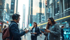 Engaging scene showcasing technology's influence at https://mohamedmmblog.tech, featuring urban innovation and AI interactions.