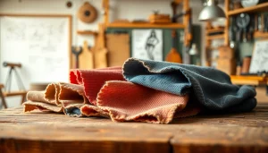 Bekijk kleurrijke canvas-stoffen op een houten tafel, met een focus op textuur en ontwerp.