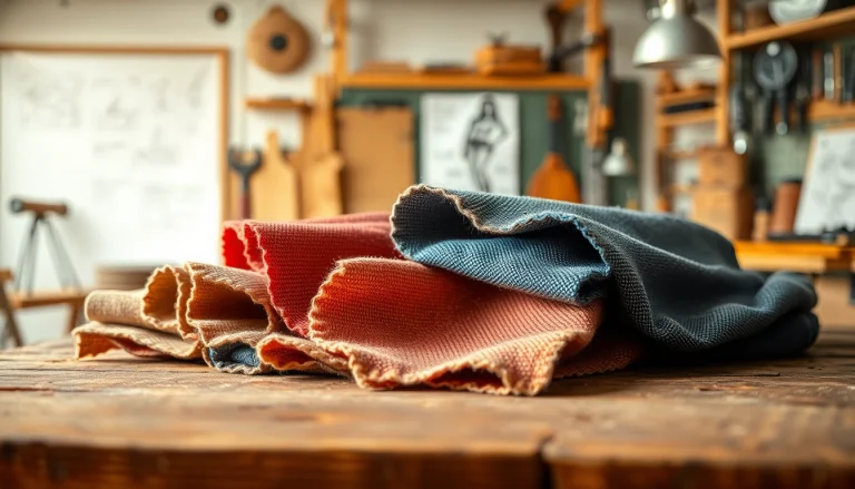 Bekijk kleurrijke canvas-stoffen op een houten tafel, met een focus op textuur en ontwerp.