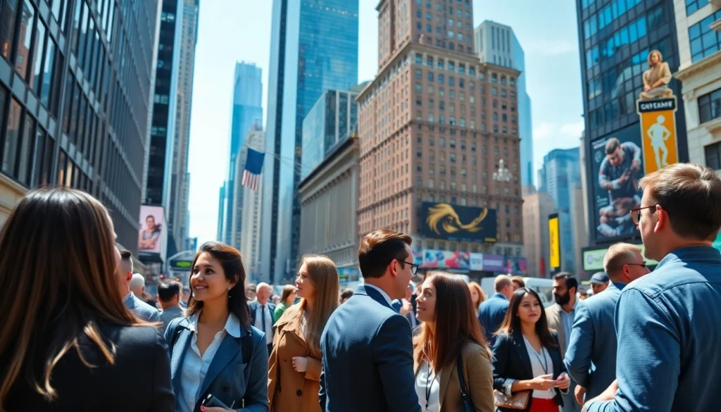 Engaged professionals networking in a lively setting symbolize jobs new york opportunities.