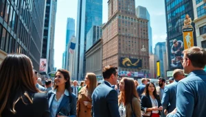 Engaged professionals networking in a lively setting symbolize jobs new york opportunities.