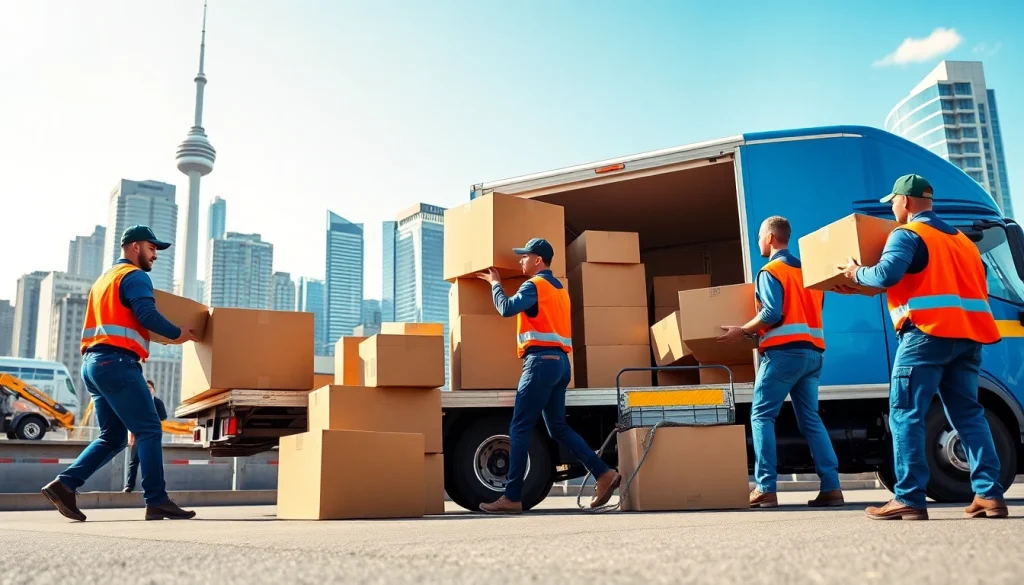 Efficient movers from a Toronto moving company loading boxes into a bright blue truck against the Toronto skyline.