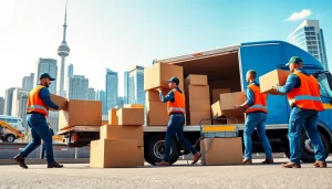 Efficient movers from a Toronto moving company loading boxes into a bright blue truck against the Toronto skyline.