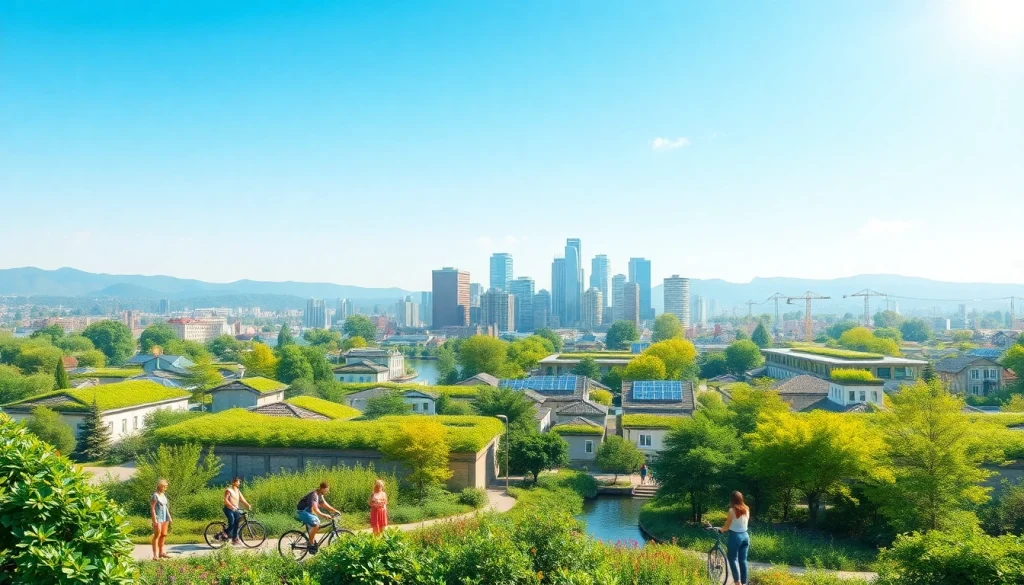 Engage with https://www.unsustainablemagazine.com through a vibrant depiction of sustainable living in a modern city.