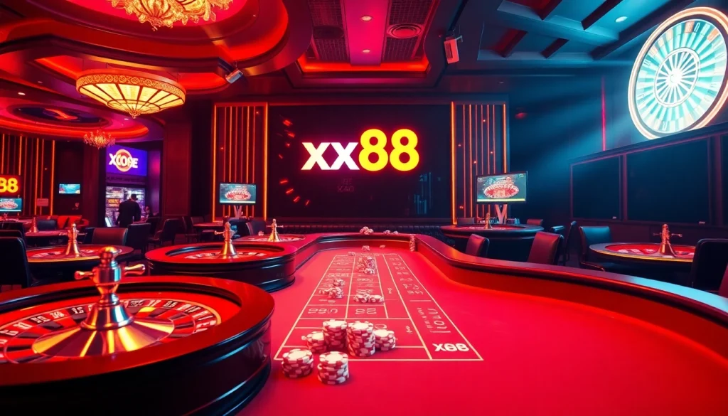 Experience the thrill of winning at nhà cái xx88 with dynamic poker action amid vibrant casino lights and lively atmosphere.