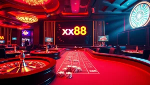 Experience the thrill of winning at nhà cái xx88 with dynamic poker action amid vibrant casino lights and lively atmosphere.
