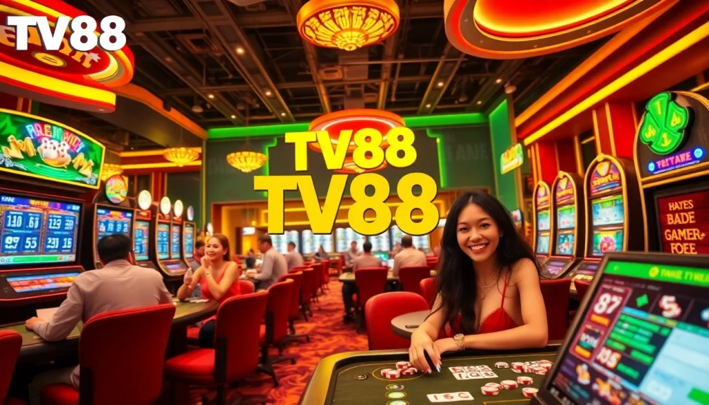 Discover the excitement of TV88, the trusted online gambling platform, featuring a vibrant casino scene with engaging games.
