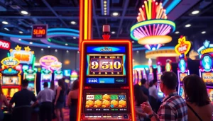 Menang slot gacor dengan suasana kasino yang cerah dan mesin permainan yang bersemangat.