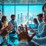 Engaging professionals collaborating on technology solutions in a modern office environment.