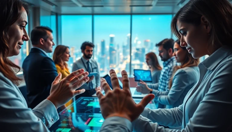 Engaging professionals collaborating on technology solutions in a modern office environment.