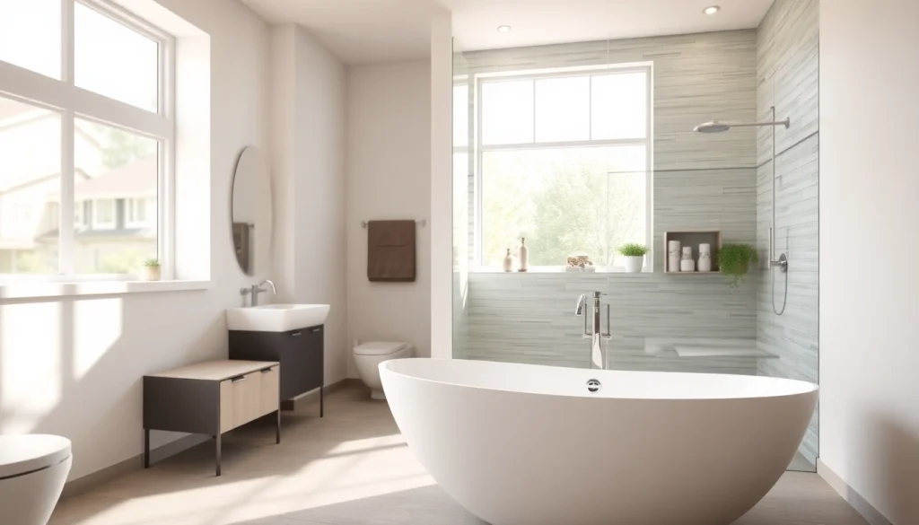 Showcase quality bathroom remodeling service with a modern design, elegant fixtures, and natural lighting.
