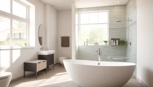 Showcase quality bathroom remodeling service with a modern design, elegant fixtures, and natural lighting.