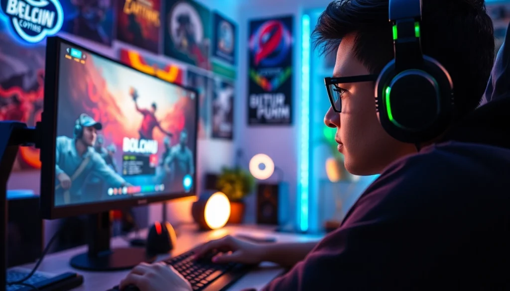 Mengakses bolahiu login game dengan fokus tinggi di ruang gaming yang ramai.