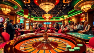 Kasinojitu menghadirkan suasana kasino yang meriah dengan pemain berjudi di meja permainan.