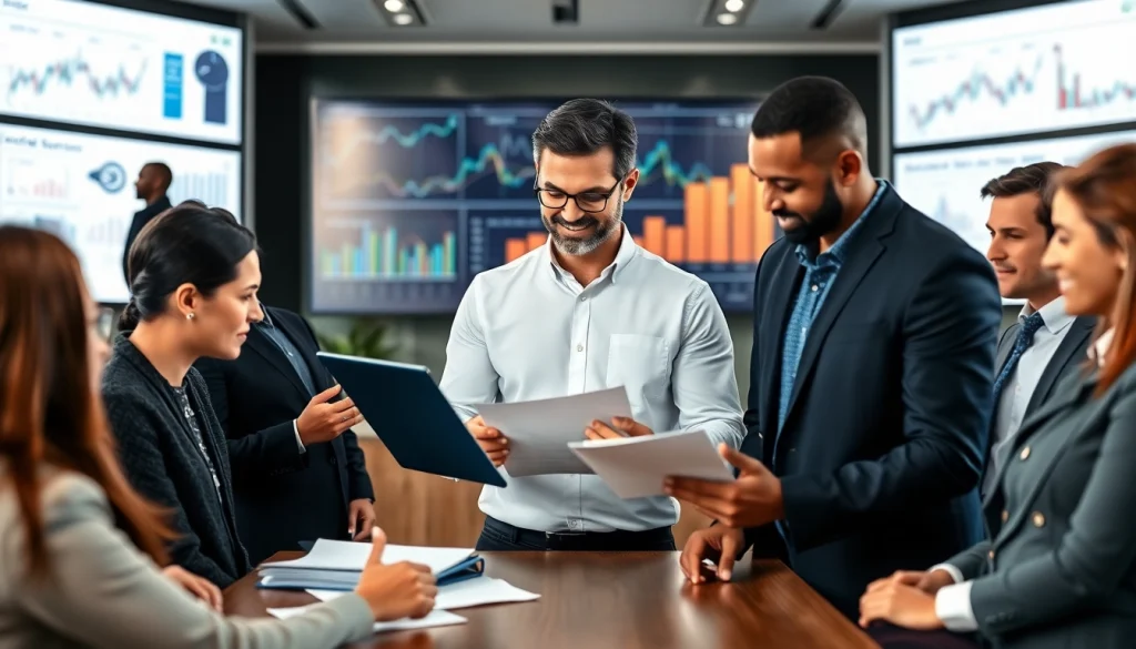 Профессиональный финансовый консультант обсуждает страховые планы с клиентами в 79king в современном технически продвинутом офисе.