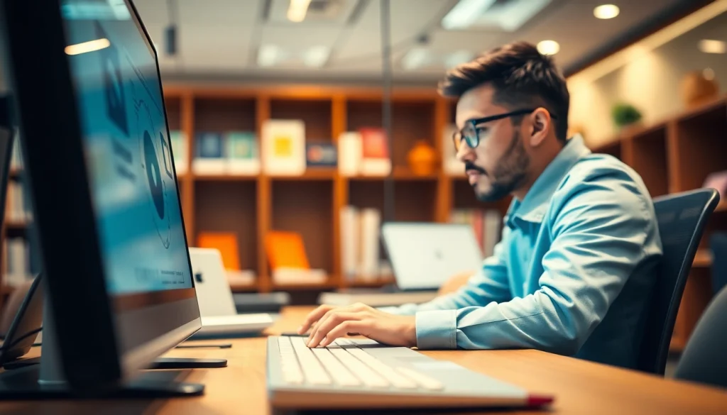 Enhance skills at a typing center with focused individual working on a sleek keyboard.