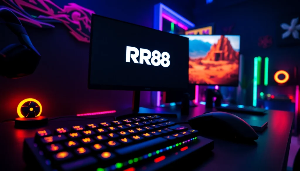Experience intense online gaming with the RR88 logo highlighted on an illuminated gaming setup.