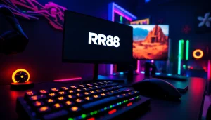 Experience intense online gaming with the RR88 logo highlighted on an illuminated gaming setup.
