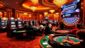 Experience Trực Tiếp Bóng Đá EU in a lively casino with diverse gambling activities, including poker, roulette, and slot machines.